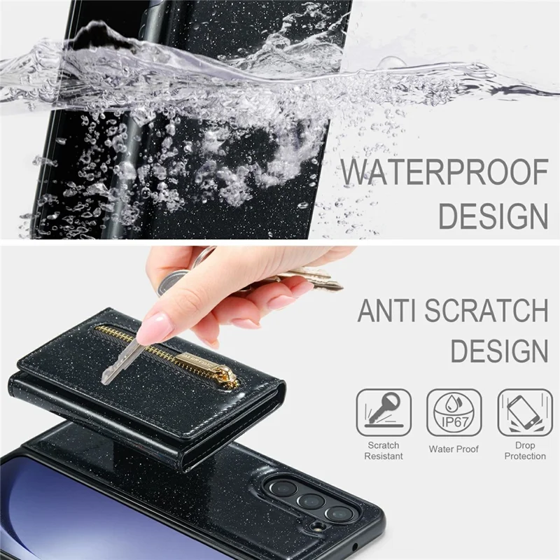 DG.MING M3 Series For Samsung Galaxy Z Fold5 5G Magnetic Case Glittery Kickstand Cover with Detachable Wallet - Black