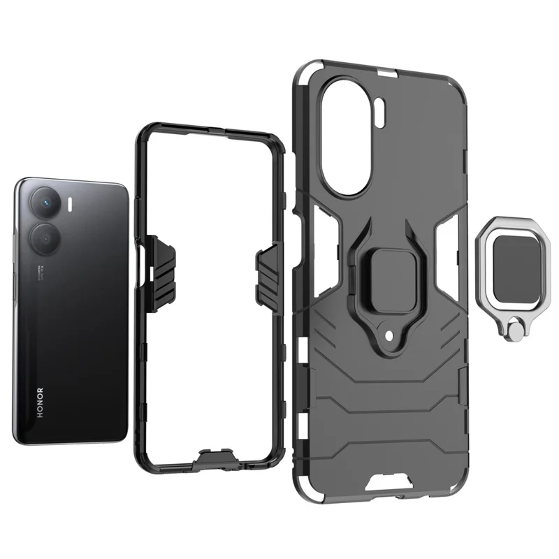 For Honor Play 40 Plus 5G Ring Holder Kickstand Phone Case Hard PC+Soft TPU Scratch-resistant Protective Back Cover - Blue