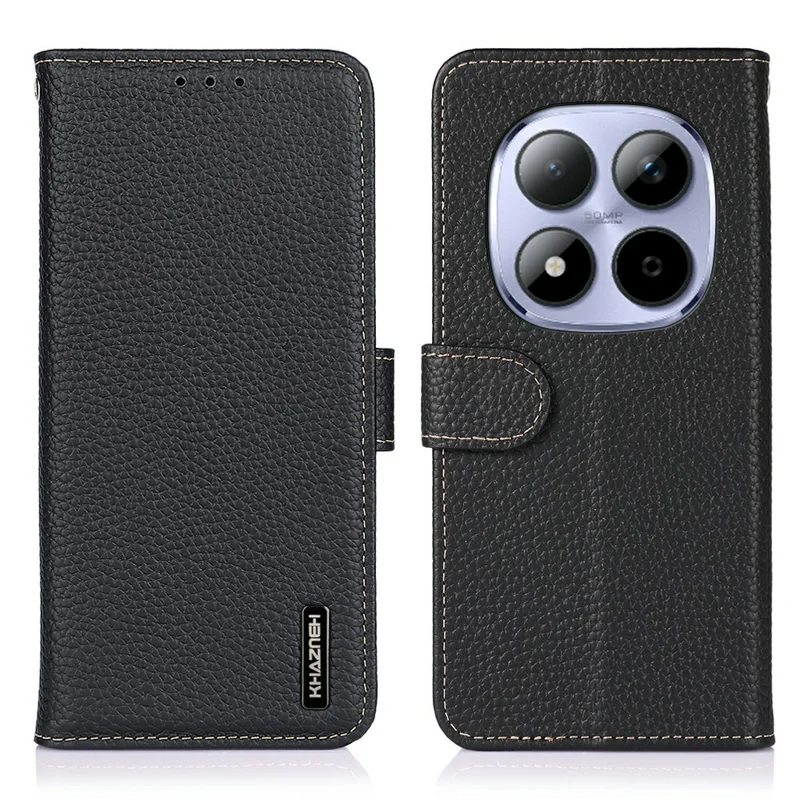 KHAZNEH For Xiaomi Redmi Note 15 Pro 4G (Global) Wallet Case Litchi Texture Genuine Cow Leather Flip Phone Cover - Black
