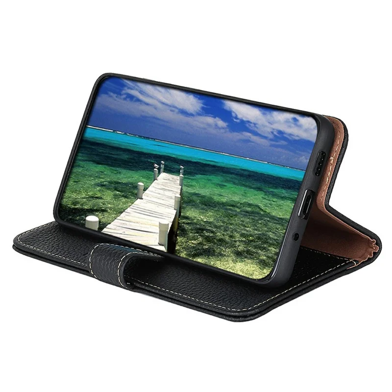 KHAZNEH For Xiaomi Redmi Note 15 Pro 4G (Global) Wallet Case Litchi Texture Genuine Cow Leather Flip Phone Cover - Black