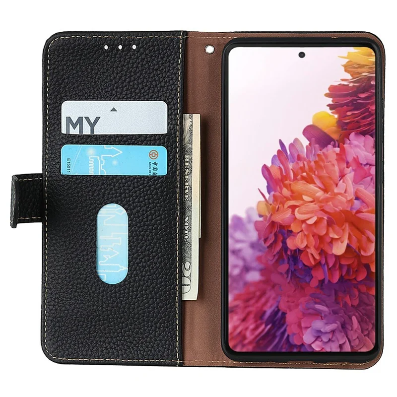 KHAZNEH For Xiaomi Redmi Note 15 Pro 4G (Global) Wallet Case Litchi Texture Genuine Cow Leather Flip Phone Cover - Black