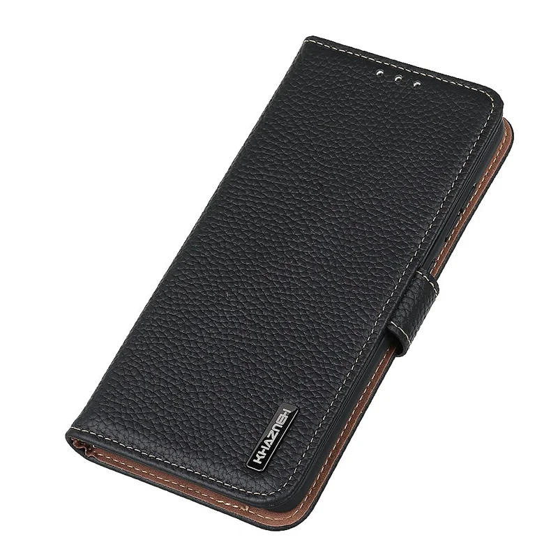 KHAZNEH For Xiaomi Redmi Note 15 Pro 4G (Global) Wallet Case Litchi Texture Genuine Cow Leather Flip Phone Cover - Black