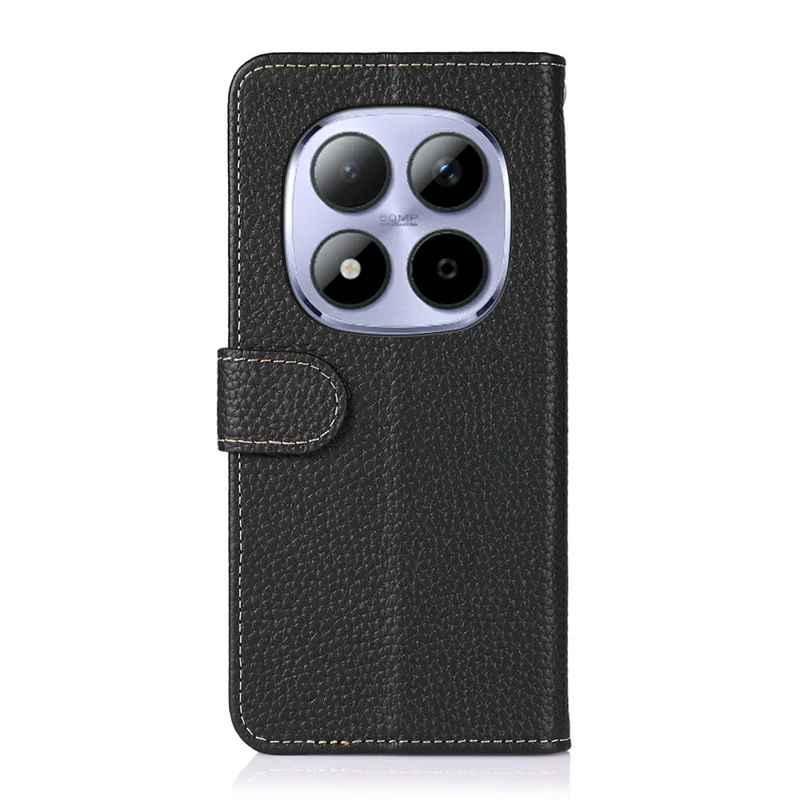 KHAZNEH For Xiaomi Redmi Note 15 Pro 4G (Global) Wallet Case Litchi Texture Genuine Cow Leather Flip Phone Cover - Black