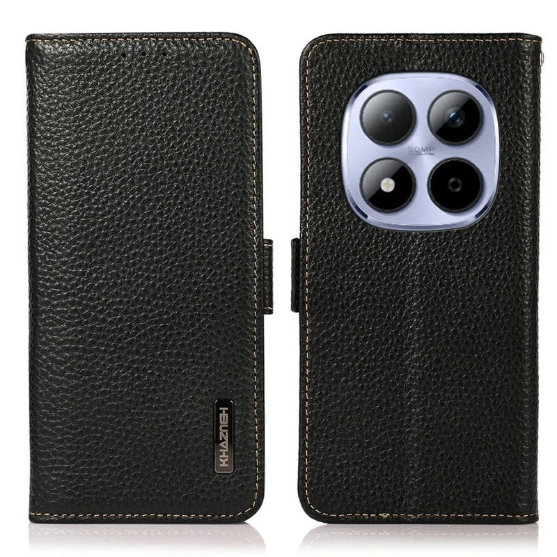 KHAZNEH Capa para Telemóvel Xiaomi Redmi Note 15 Pro 4G (Global) em Couro Genuíno de Vaca com Textura de Lichia, Proteção contra RFID - Preto