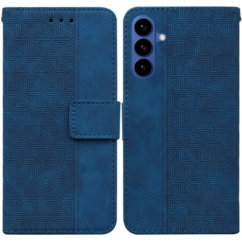 Funda para Samsung Galaxy S26+ con diseño geométrico, carcasa de cuero tipo cartera con correa para muñeca - Azul