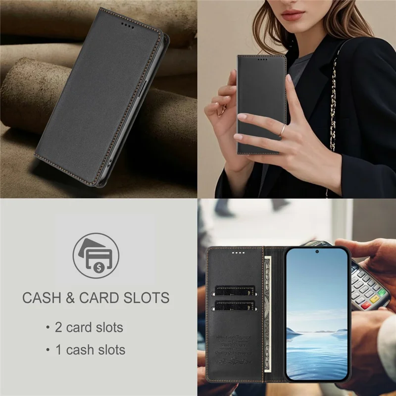 Funda de cuero con cierre magnético, bloqueo RFID, billetera, protección antichoque 360° y función de soporte para Samsung Galaxy A26 5G / A17 5G / A17 4G - Negro
