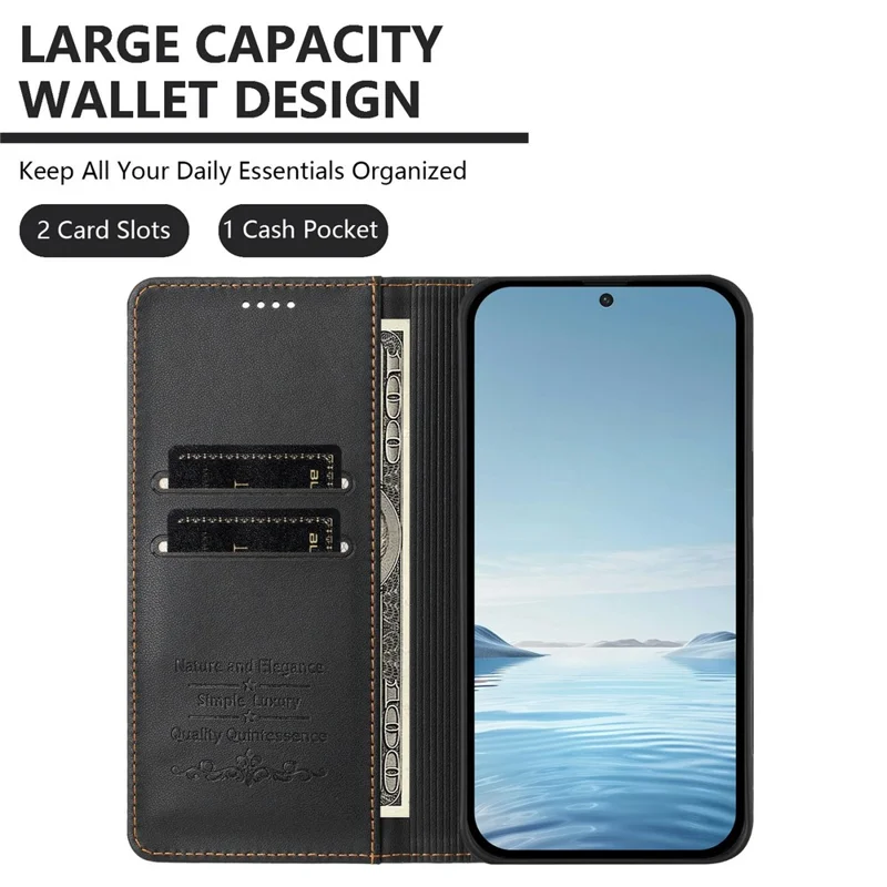 Funda de cuero con cierre magnético, bloqueo RFID, billetera, protección antichoque 360° y función de soporte para Samsung Galaxy A26 5G / A17 5G / A17 4G - Negro