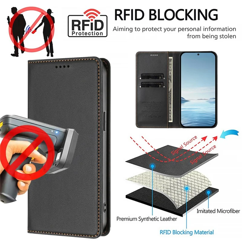 Funda de cuero con cierre magnético, bloqueo RFID, billetera, protección antichoque 360° y función de soporte para Samsung Galaxy A26 5G / A17 5G / A17 4G - Negro