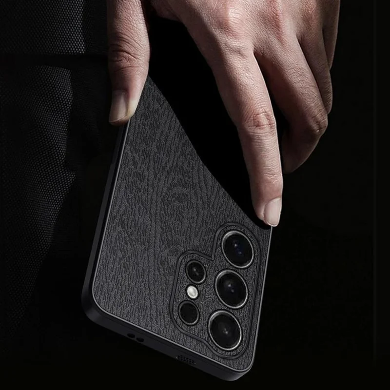 Чехол для Samsung Galaxy S26 Ultra с текстурой дерева, покрытие из искусственной кожи PU, поликарбонат и ТПУ - Черный