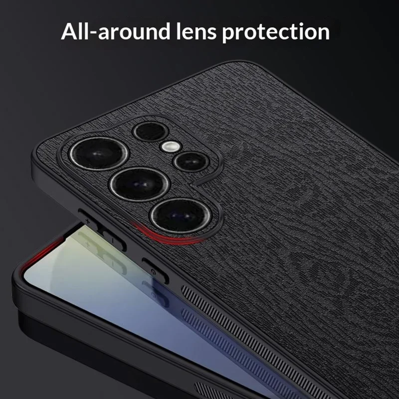 Чехол для Samsung Galaxy S26 Ultra с текстурой дерева, покрытие из искусственной кожи PU, поликарбонат и ТПУ - Черный