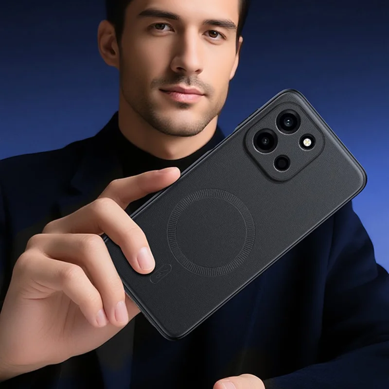 For OnePlus Turbo 6 5G Magnetic Case Leather Coated TPU + PC Phone Cover - Black