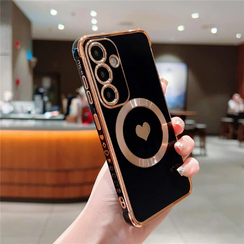 Funda magnética para Samsung Galaxy S26 / S26 Pro, carcasa suave de TPU con baño metálico y bonito corazón - Negro