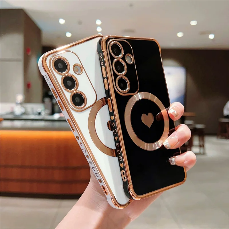 Funda magnética para Samsung Galaxy S26 / S26 Pro, carcasa suave de TPU con baño metálico y bonito corazón - Negro