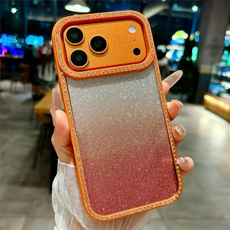 Coque pour iPhone 17 Pro, coque de téléphone transparente en TPU acrylique antidéflagrante avec décoration à paillettes dégradées et strass - Orange