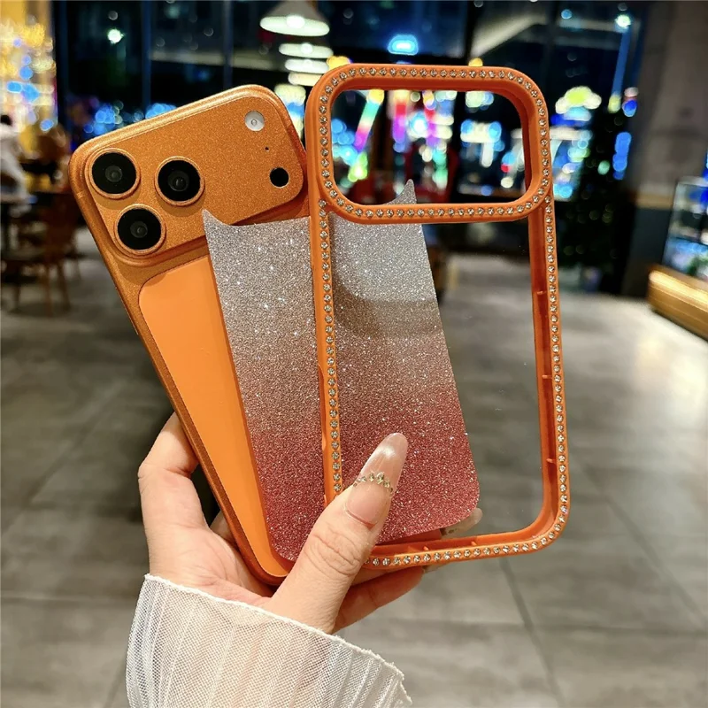 Coque pour iPhone 17 Pro, coque de téléphone transparente en TPU acrylique antidéflagrante avec décoration à paillettes dégradées et strass - Orange