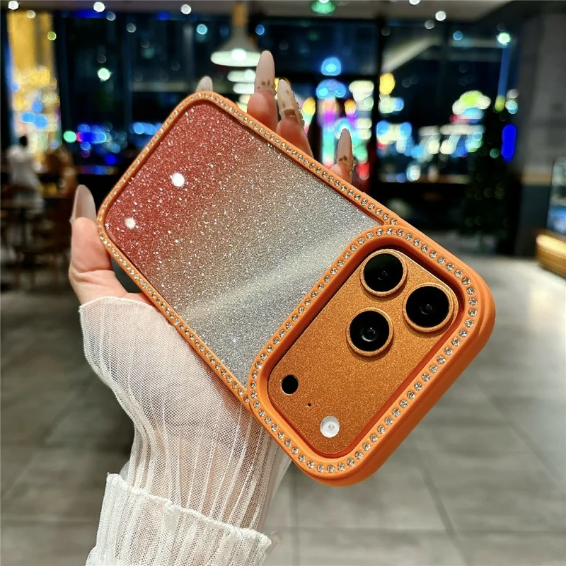 Coque pour iPhone 17 Pro, coque de téléphone transparente en TPU acrylique antidéflagrante avec décoration à paillettes dégradées et strass - Orange