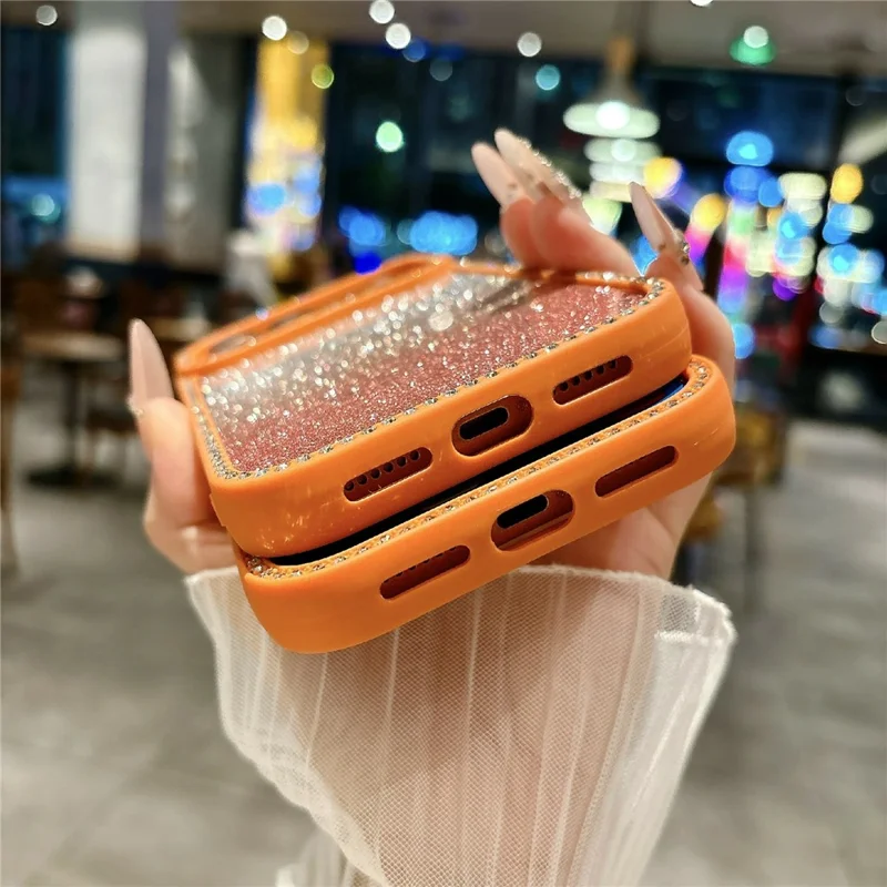 Coque pour iPhone 17 Pro, coque de téléphone transparente en TPU acrylique antidéflagrante avec décoration à paillettes dégradées et strass - Orange