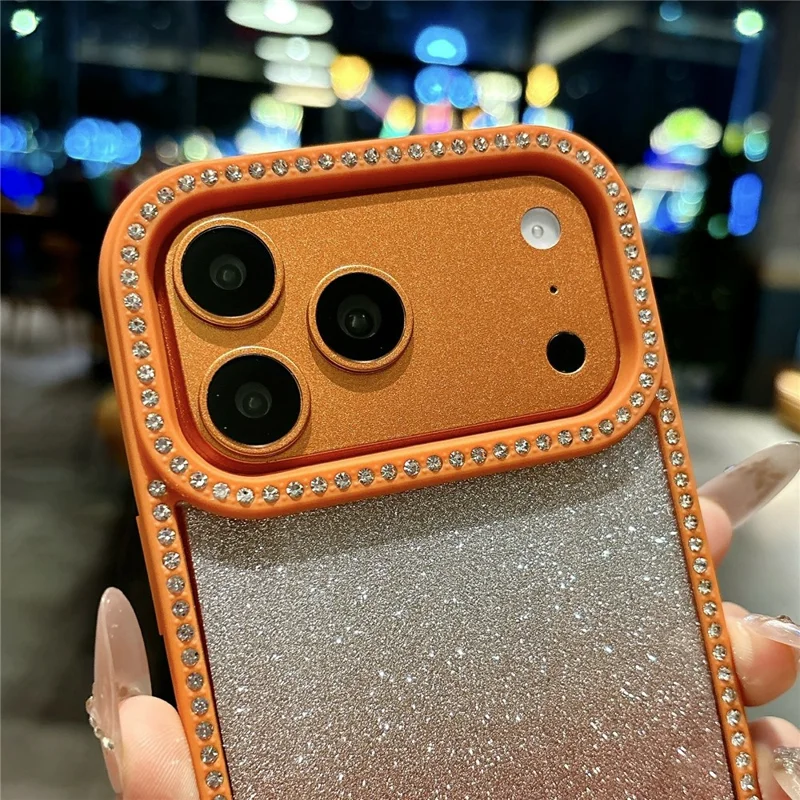 Coque pour iPhone 17 Pro, coque de téléphone transparente en TPU acrylique antidéflagrante avec décoration à paillettes dégradées et strass - Orange