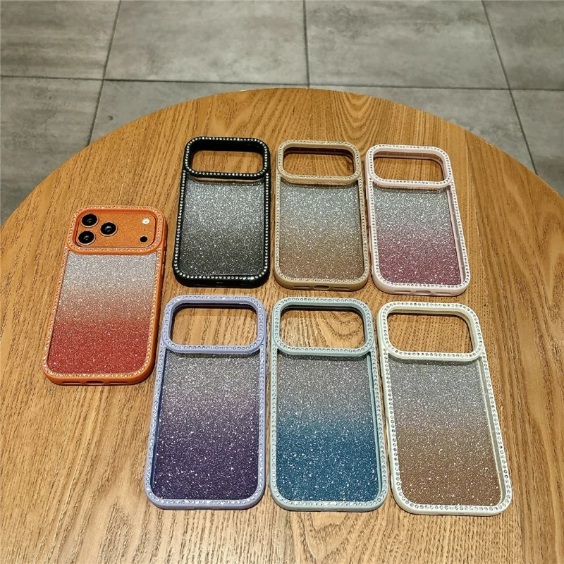Coque pour iPhone 17 Pro, coque de téléphone transparente en TPU acrylique antidéflagrante avec décoration à paillettes dégradées et strass - Orange