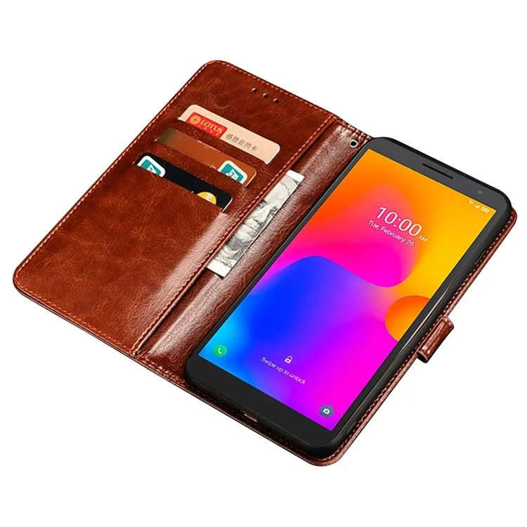 Idewei Para Alcatel 1b (2022) Textura de Cavalo Louco PU Capel Capel Cabelo Folio - Castanho