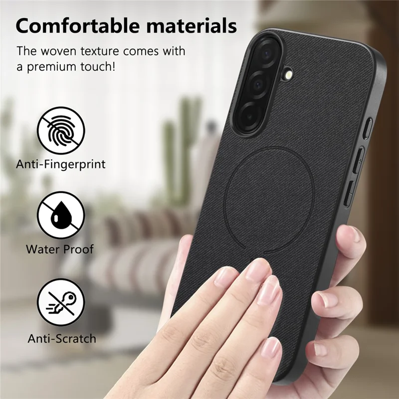 For Samsung Galaxy S26 Magnetic Case Cloth Texture PC + TPU + PU Leather Anti-Scratch Phone Cover - Black