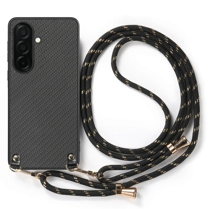 Samsung Galaxy S26 hoesje met koolstofvezelstructuur Hybride telefoonhoesje met afneembare verstelbare band - Zwart