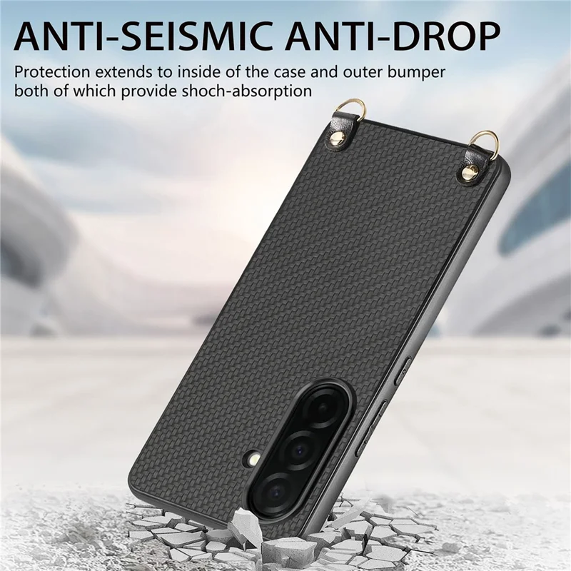 Samsung Galaxy S26 hoesje met koolstofvezelstructuur Hybride telefoonhoesje met afneembare verstelbare band - Zwart