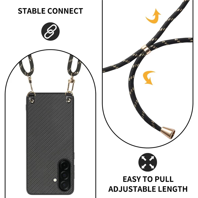 Samsung Galaxy S26 hoesje met koolstofvezelstructuur Hybride telefoonhoesje met afneembare verstelbare band - Zwart