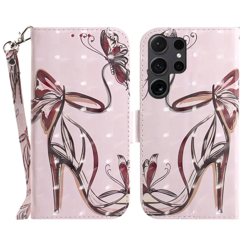 Funda para Samsung Galaxy S26 Ultra con Impresión de Diseño, Funda Cartera de Cuero con Correa de Muñeca - Mariposas y Tacones Altos