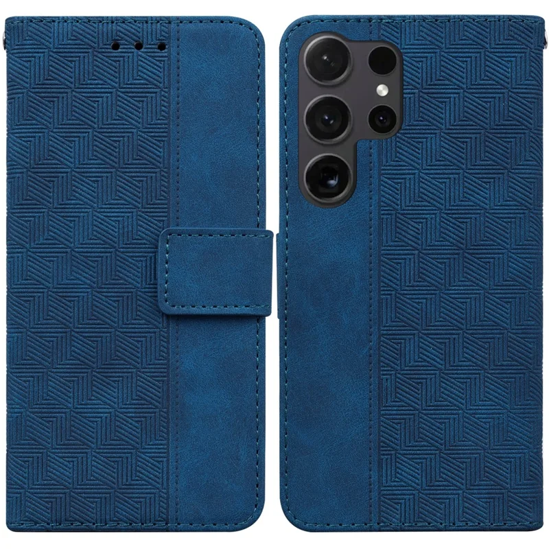 Funda para Samsung Galaxy S26 Ultra con diseño geométrico, billetera de cuero con correa para muñeca - Azul