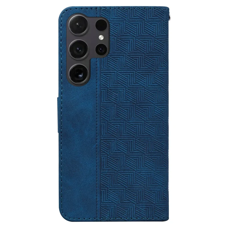 Funda para Samsung Galaxy S26 Ultra con diseño geométrico, billetera de cuero con correa para muñeca - Azul