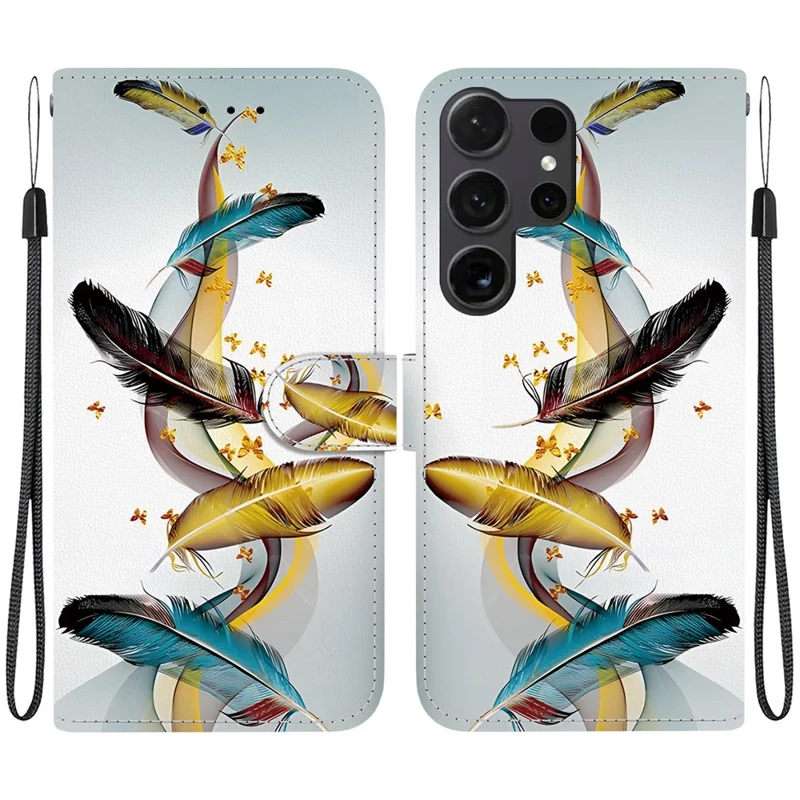 Funda con tapa de cuero con estampado de mariposa dorada y pluma para Samsung Galaxy S26 Ultra, con correa para colgar - Dorado