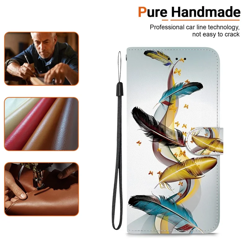 Funda con tapa de cuero con estampado de mariposa dorada y pluma para Samsung Galaxy S26 Ultra, con correa para colgar - Dorado