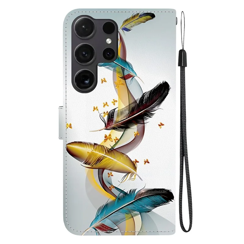 Funda con tapa de cuero con estampado de mariposa dorada y pluma para Samsung Galaxy S26 Ultra, con correa para colgar - Dorado