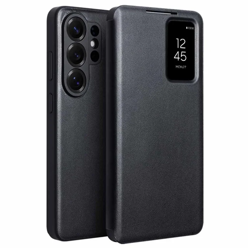 QIALINO For Samsung Galaxy S26 Ultra Case View Window Genuine Cow Leather Flip Phone Cover (APP Version) - Black