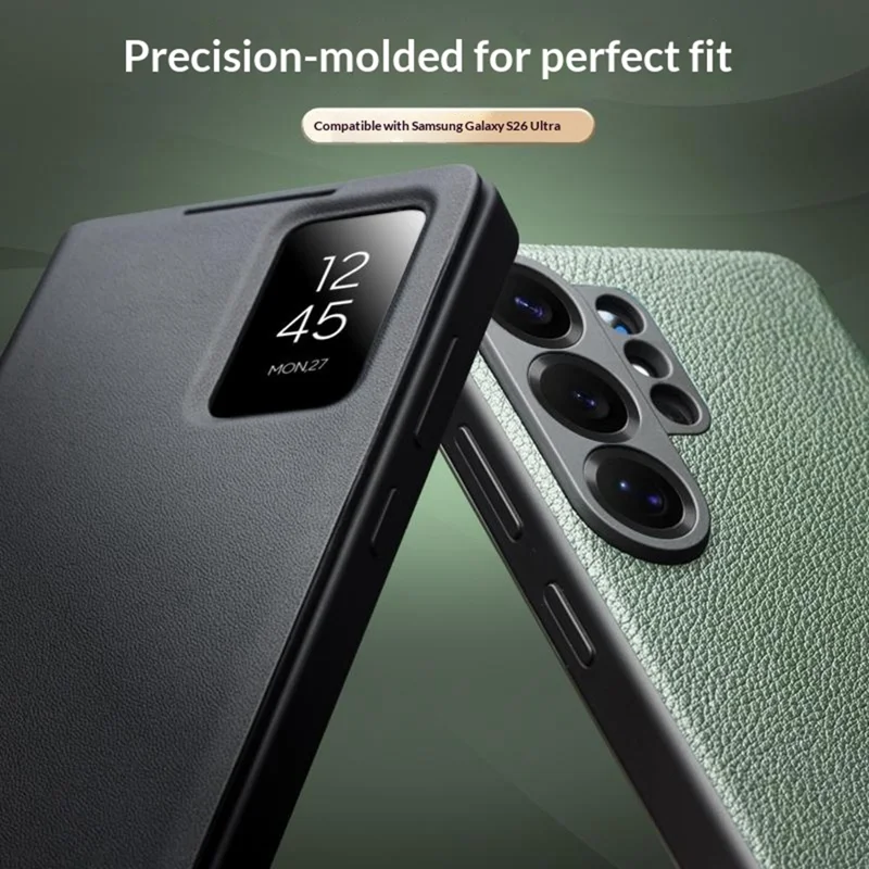 QIALINO For Samsung Galaxy S26 Ultra Case View Window Genuine Cow Leather Flip Phone Cover (APP Version) - Black