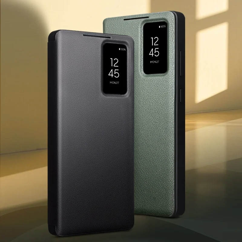 QIALINO For Samsung Galaxy S26 Ultra Case View Window Genuine Cow Leather Flip Phone Cover (APP Version) - Black