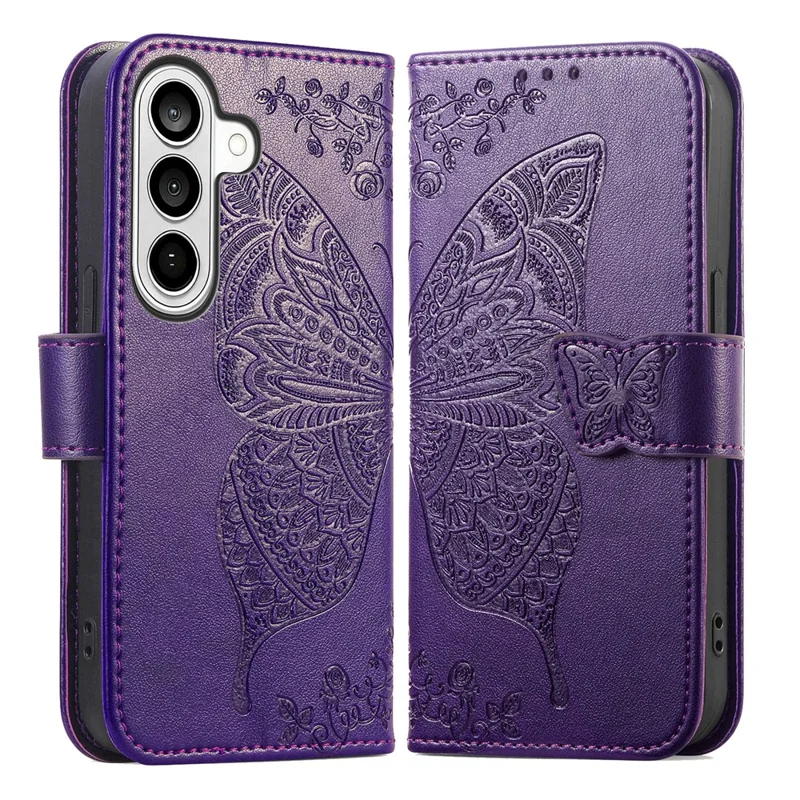 For Samsung Galaxy S26+ Case with Strap Butterfly Pattern PU Leather Wallet Phone Cover - Dark Purple