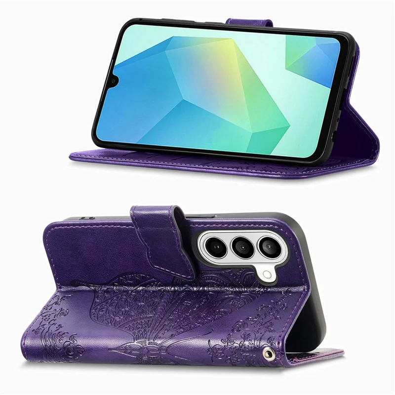 For Samsung Galaxy S26+ Case with Strap Butterfly Pattern PU Leather Wallet Phone Cover - Dark Purple