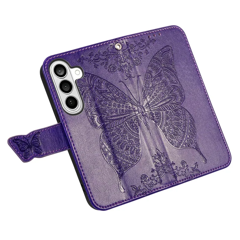 For Samsung Galaxy S26+ Case with Strap Butterfly Pattern PU Leather Wallet Phone Cover - Dark Purple