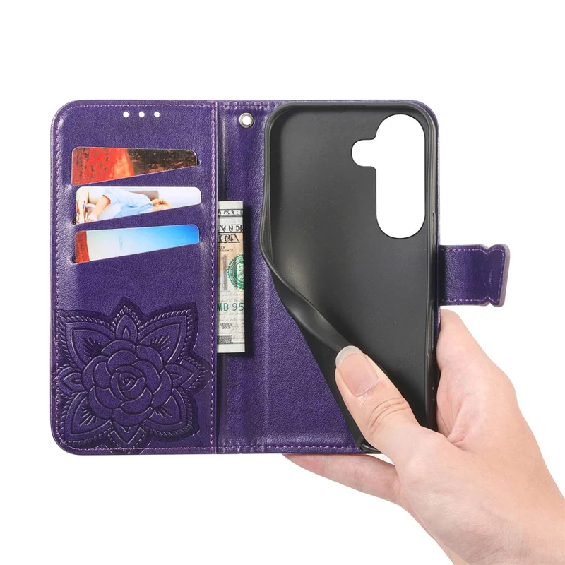 For Samsung Galaxy S26+ Case with Strap Butterfly Pattern PU Leather Wallet Phone Cover - Dark Purple
