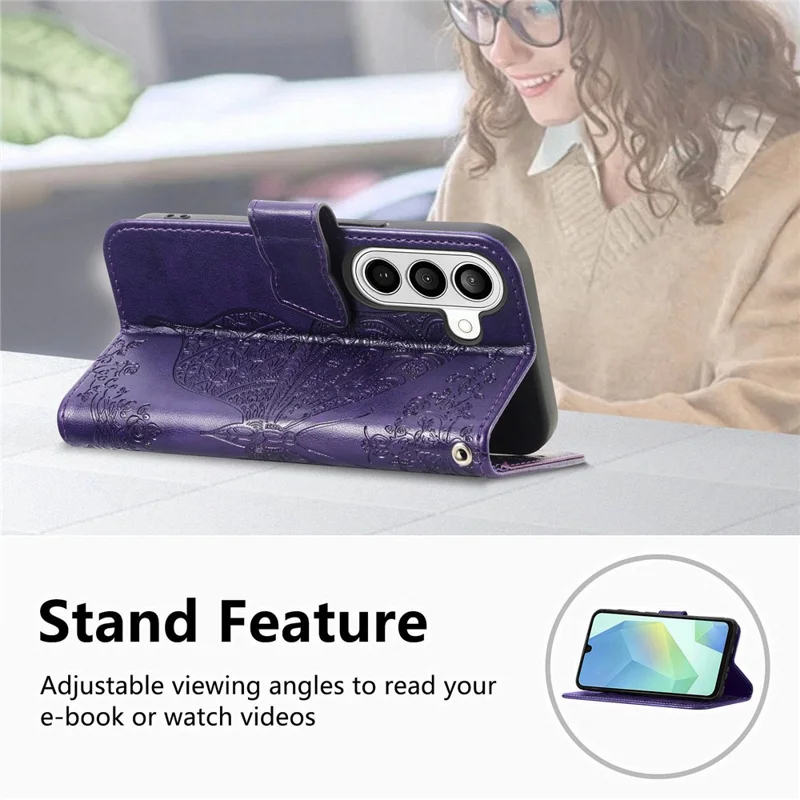 For Samsung Galaxy S26+ Case with Strap Butterfly Pattern PU Leather Wallet Phone Cover - Dark Purple