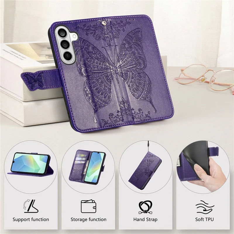 For Samsung Galaxy S26+ Case with Strap Butterfly Pattern PU Leather Wallet Phone Cover - Dark Purple