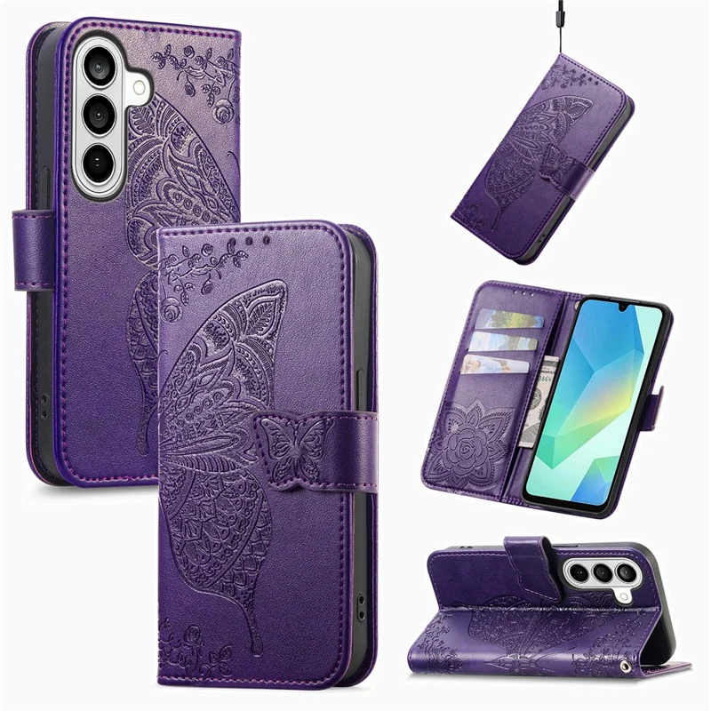 For Samsung Galaxy S26+ Case with Strap Butterfly Pattern PU Leather Wallet Phone Cover - Dark Purple