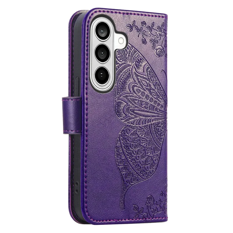 For Samsung Galaxy S26+ Case with Strap Butterfly Pattern PU Leather Wallet Phone Cover - Dark Purple