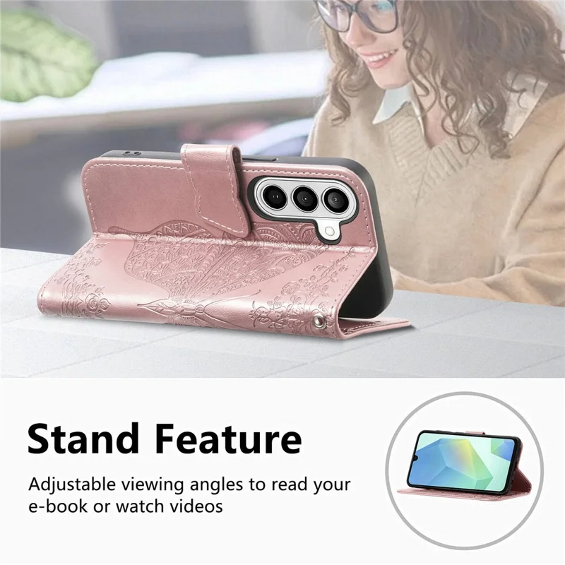 Obudowa z paskiem na Samsung Galaxy S26 z motywem motyla, portfel z korekowej skóry PU - różowe złoto