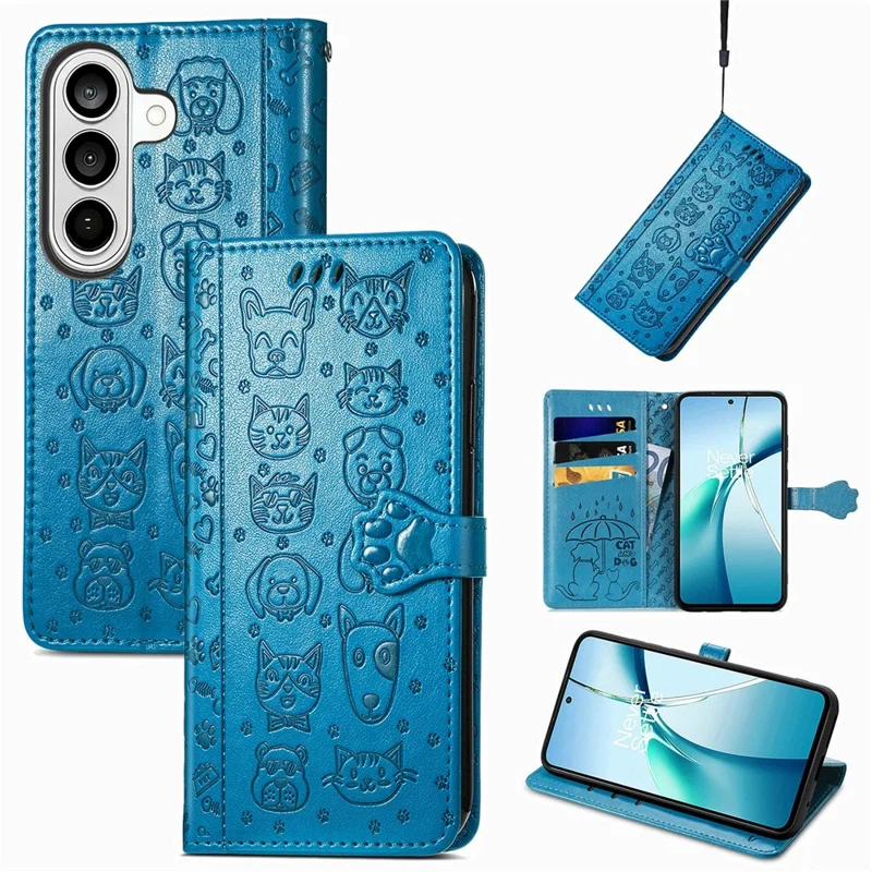 For Samsung Galaxy S26 Case Flip Wallet Leather Phone Cover with Cute Cat Dog Pattern - Blue