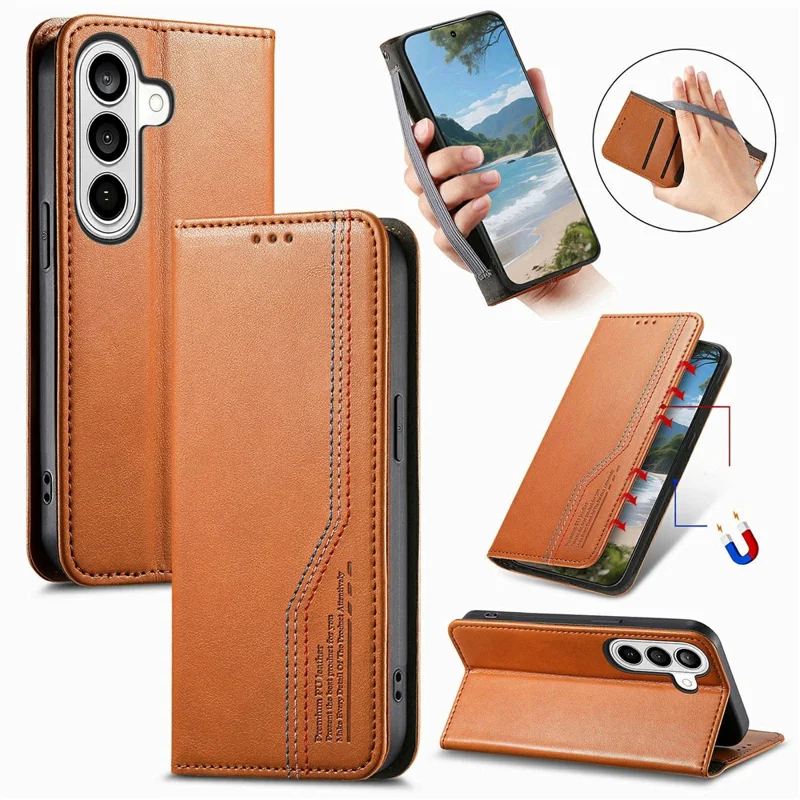 Étui pour Samsung Galaxy S26, étui portefeuille en cuir avec surpiqûres tricolores et bracelet de poignet élastique - Marron