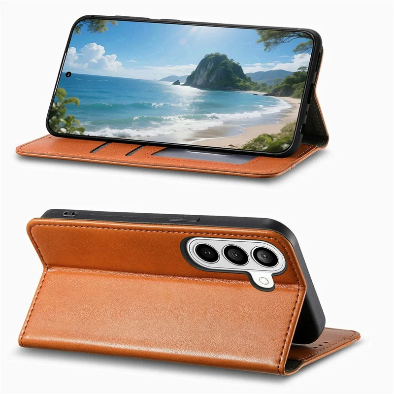 Étui pour Samsung Galaxy S26, étui portefeuille en cuir avec surpiqûres tricolores et bracelet de poignet élastique - Marron