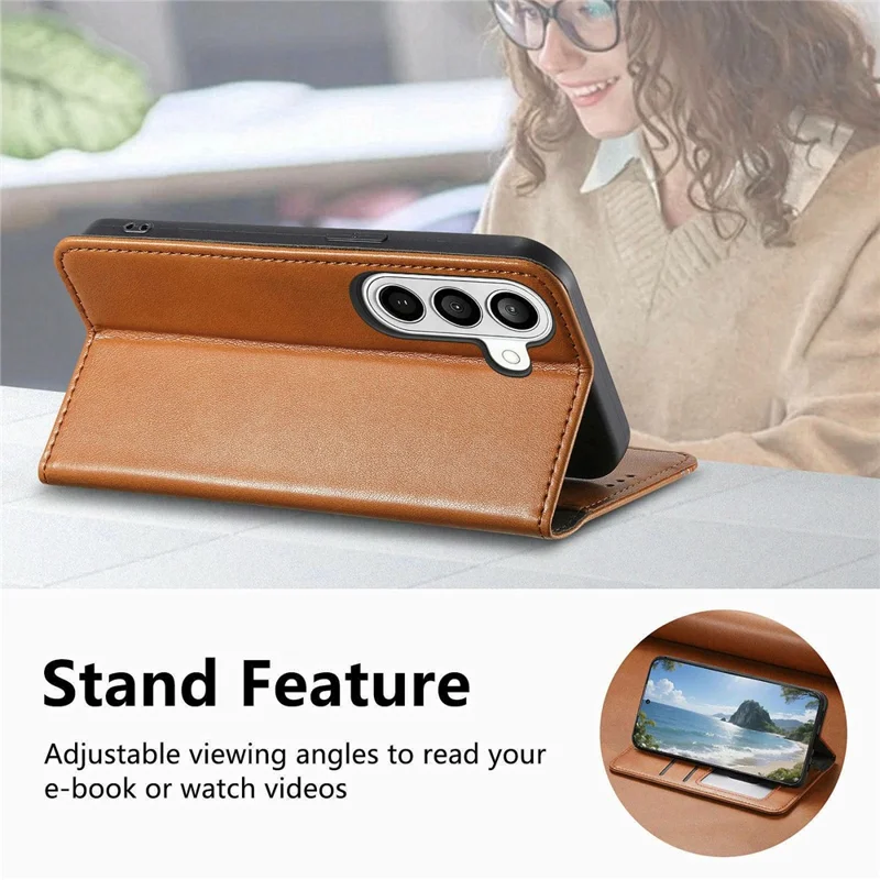 Étui pour Samsung Galaxy S26, étui portefeuille en cuir avec surpiqûres tricolores et bracelet de poignet élastique - Marron